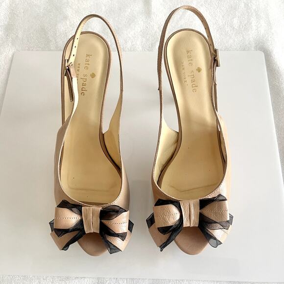 Kate Spade Billow Bow Heels Sz 6-1/2 Beige Nude Slingback Peep Toe Sandals Shoes - Picture 2 of 9
